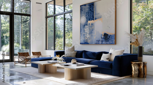 Spacious living room with navy velvet sofa, light wood tables, floor-to-ceiling windows, abstract art, and polished concrete floors. © Graphic Dude