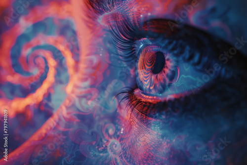 A backdrop with intense, saturated spirals in psychedelic pinks and blues, drawing the eye inward,