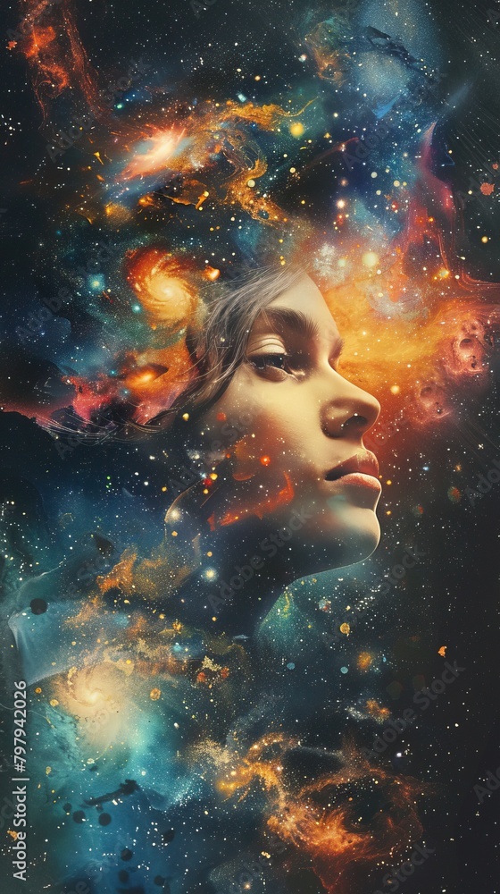 A beautiful woman's face is formed from swirling clouds of dust and stars higher self