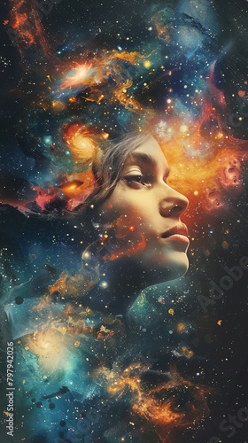 A beautiful woman's face is formed from swirling clouds of dust and stars higher self