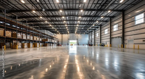 Empty industrial warehouse with polished concrete floor, perfect for showcasing storage facilities, commercial spaces, and real estate properties with a modern touch. photo