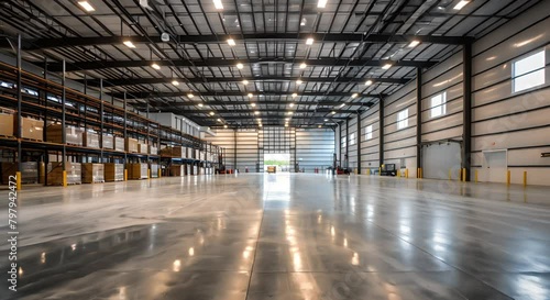 Empty industrial warehouse with polished concrete floor, perfect for showcasing storage facilities, commercial spaces, and real estate properties with a modern touch.