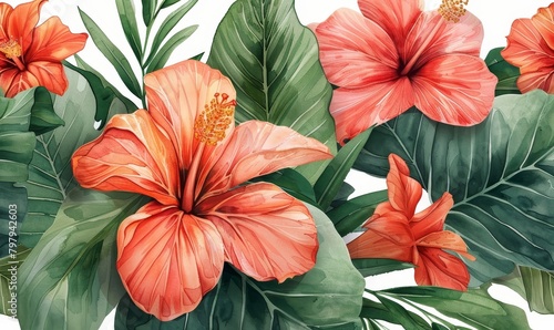watercolor seamless pattern with exotic tropical flowers  Generative AI