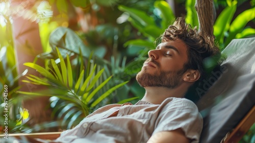 Man reclining on a hammock in a lush garden, eyes closed and enjoying the peaceful ambiance of a tropical paradise.