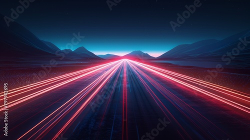 Abstract image depicting a futuristic landscape with glowing red and blue neon light trails leading towards a bright horizon amidst dark mountains under a starry sky.