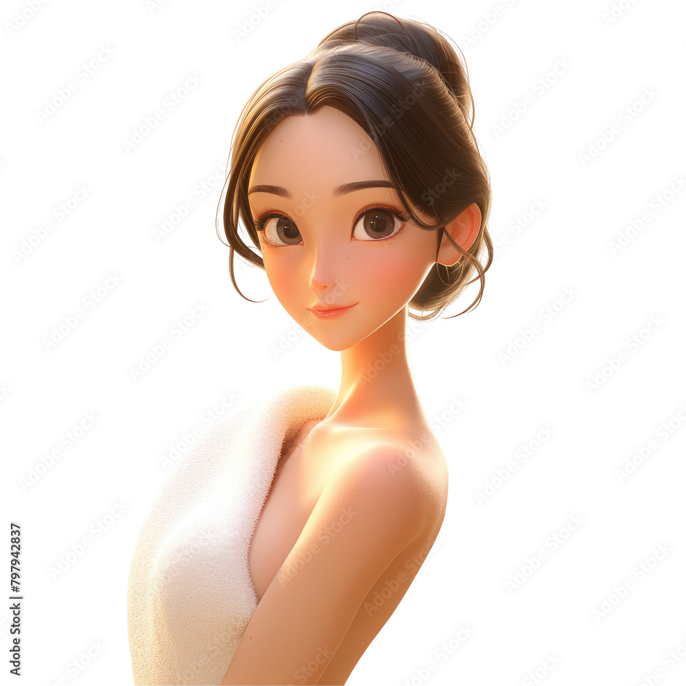 A stunning young cartoon woman stands gracefully with a white towel draped elegantly over her neck and shoulders This portrait captures the essence of beauty and spa set against a pristine A stunning young cartoon woman stands gracefully with a white towel draped elegantly over her neck and shoulders This portrait captures the essence of beauty and spa set against a pristine