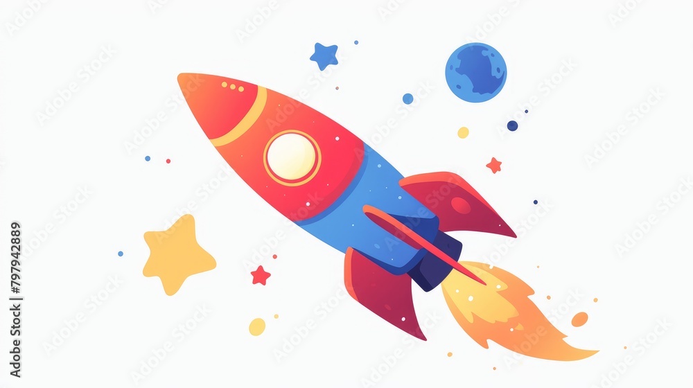 A vibrant full color 2d illustration of a rocket firework icon in a sleek flat design stands out against a clean white background A vibrant full color 2d illustration of a rocket firework icon in a sleek flat design stands out against a clean white background
