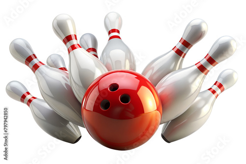 A red bowling ball crashing into the pins isolated on transparent background. AI Generative photo