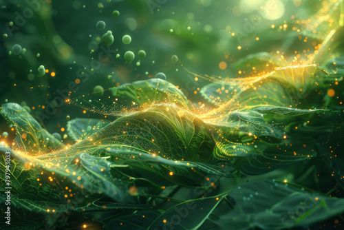 A visualization of quantum mechanics principles applied in nature, showing a photosynthetic process at the quantum level,