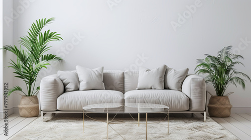 Minimalist modern living room with a sleek gray sofa on a cream shag rug. White walls showcase a geometric coffee table and potted plants for warmth.