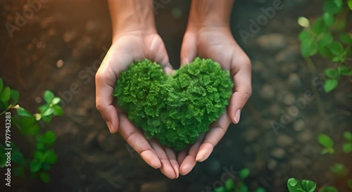 Heart-shaped green leaves on soil, conveying love for nature, environmental conservation, and sustainable living. Perfect for eco-friendly and nature-inspired designs. photo