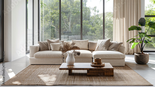 Minimalist living room with neutral colors and natural materials. Beige linen sofa on sisal rug, minimalist coffee table with white lacquered finish photo