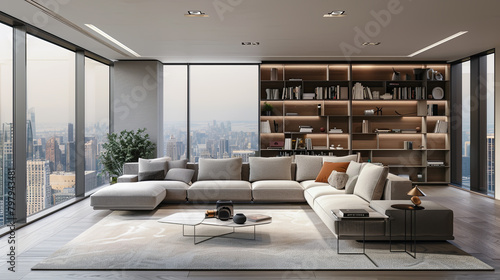 A modern living room with geometric shapes, modular sofa, sleek coffee table, bookshelves, and panoramic city views. Minimalist yet elegant decor with recessed lighting. photo
