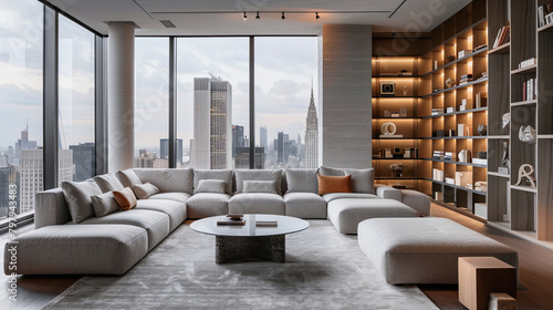Minimalist living room with geometric shapes, modular sofa, city views. Elegant coffee table, asymmetrical bookshelves, recessed lighting. photo