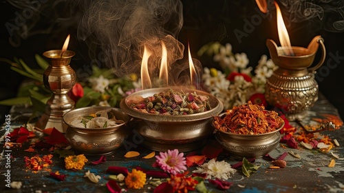 Items for Indian Yajna ritual. Indian wedding vivah Yagya. Traditional Indian Ritual Items for Spiritual Ceremonies photo