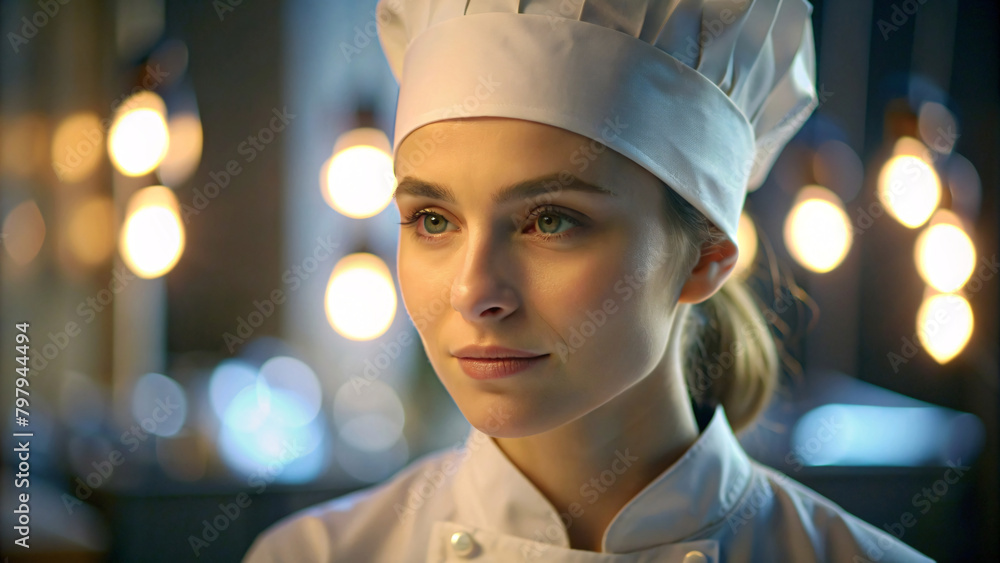 A smiling woman chef in a business uniform with a hat, stands confidently in a restaurant A smiling woman chef in a business uniform with a hat, stands confidently in a restaurant