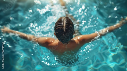 A woman swimming laps in a pool, enjoying the low-impact cardio workout and full-body strengthening benefits of swimming. photo