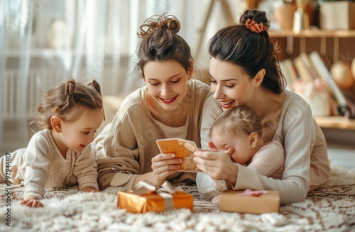 We love you. Smiling young woman getting presents from kids. Two cute twin daughters giving mom handmade greeting card. Little children lying on floor  hugging mommy and wishing her Happy Mother s Day