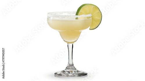 An enticing Tequila Margarita cocktail complete with a salty rim and a garnish of fresh lime served in a stylish pint glass against a pristine white backdrop