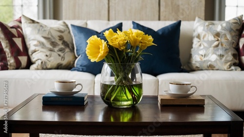 living room with flowers,yellow flowers on a tablemA vase of yellow tulips sits on a coffee table, with a bowl of fruit on top. The table is placed in front of a grey couch with a yellow pillow.
 photo