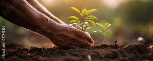 Closeup of hands planting a young tree in soil, blurred greenery in the background with space for eco messages photo