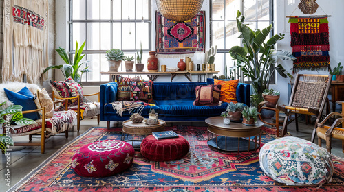 Bohemian-chic living room with vibrant sofa, eclectic decor, vintage rug, macrame wall hangings, and potted plants for a relaxed vibe.