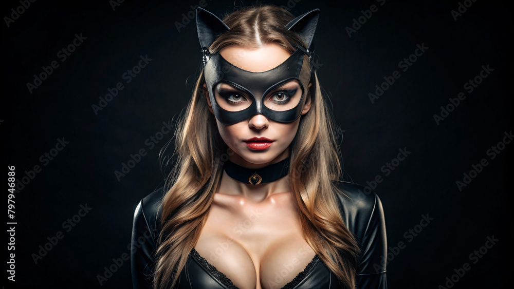 Stylish brunette woman with a mask and cat ears adds a touch of mystery to her look Stylish brunette woman with a mask and cat ears adds a touch of mystery to her look