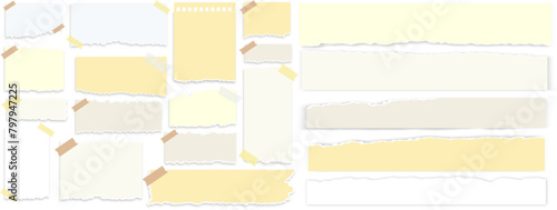 Paper notes, notebook pages, stickers. Vector torn paper sheets with transparent adhesive tape and paper clip on transparent background