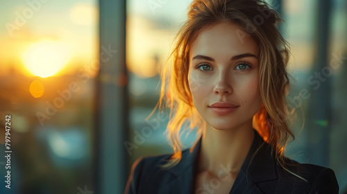 business person gazing out of a window during sunset in an office environment photo