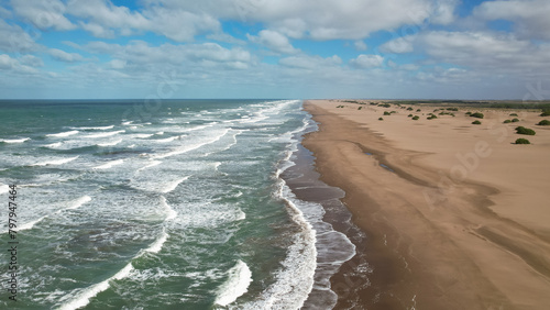 Aerial video of quiet beaches of Reta, Reta resort, Buenos Aires, Argentina.