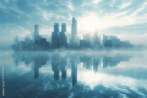A futuristic city skyline reflected on the surface of a calm lake.