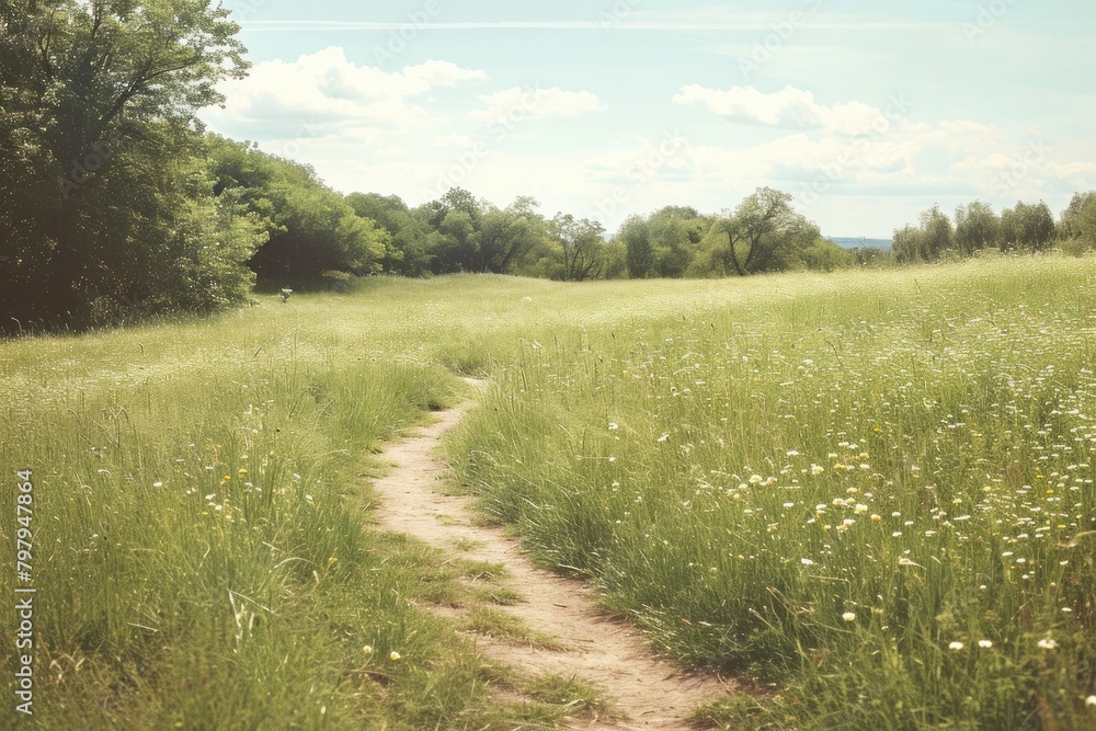 Fototapeta premium Empty scene of walking path through meadow grassland outdoors pasture.