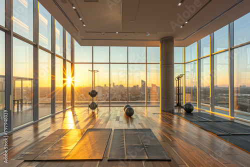 Sunlit fitness room on the top floor of the building with a sunset light.