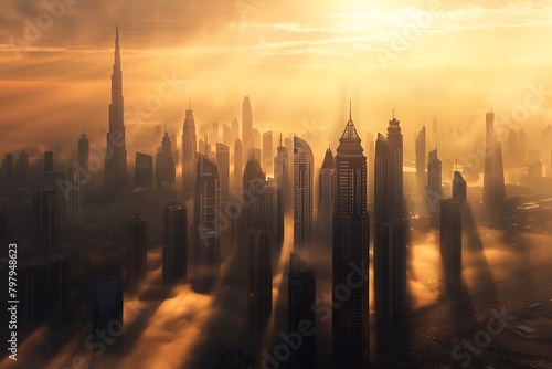 Panoramic cityscape bathed in the golden hues of sunrise, showcasing the interplay of long shadows stretching across towering skyscrapers in a wide-angle capture. © Kashif