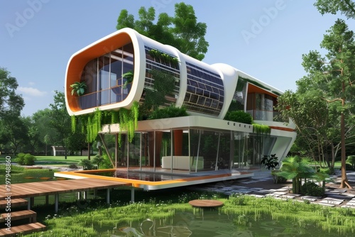 Sustainable modern house design with eco-friendly features and self-sufficient systems photo