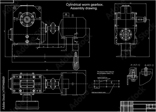 Assembly drawing of reducer.
Vector drawing of steel mechanical device with shaft, gear, 
electric engine, bolted connection and dimension lines. Engineering cad scheme. Technical template. 