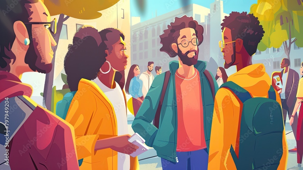 People interacting in a bustling urban setting People interacting in a bustling urban setting