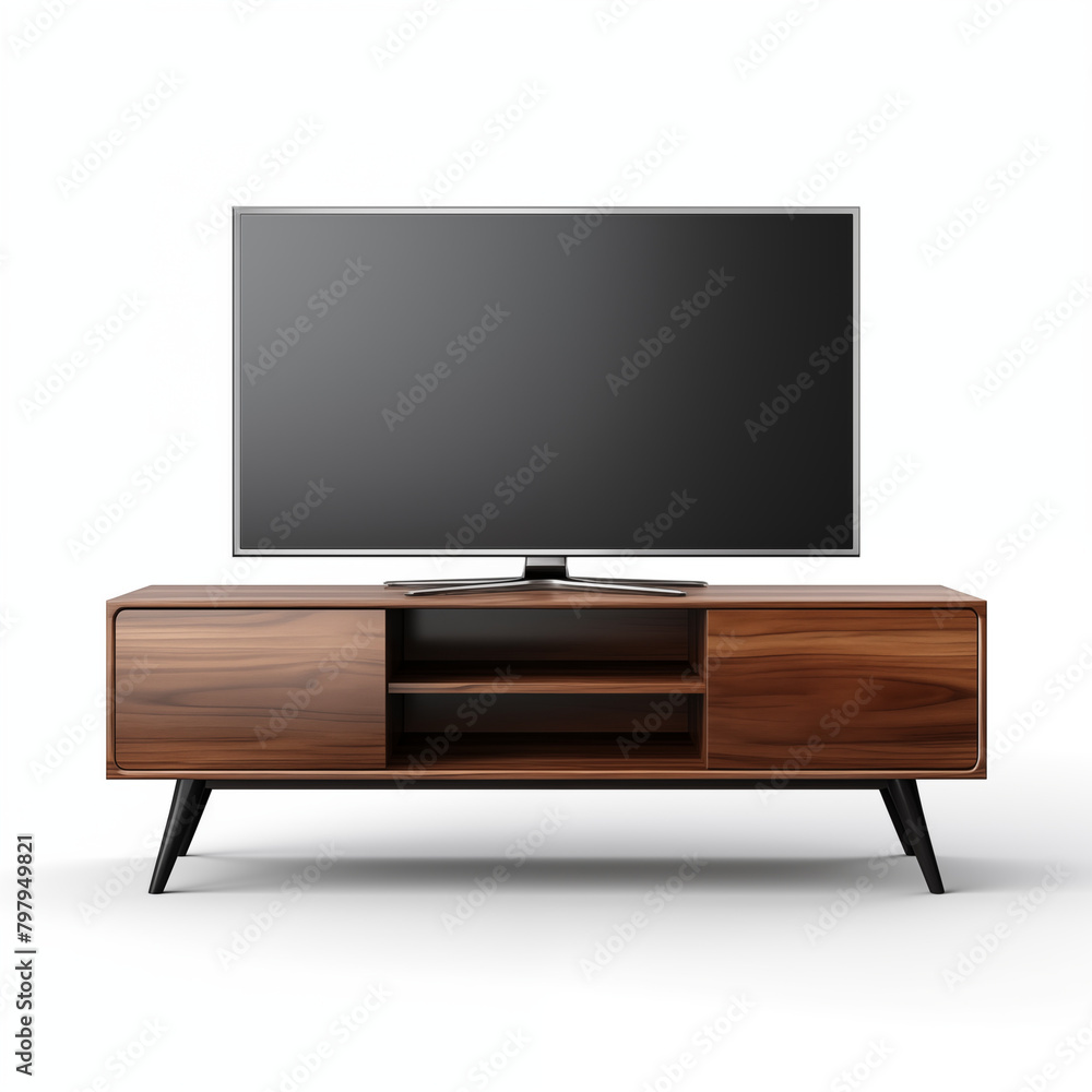 Stylish midcentury modern TV stand with a dark wood finish and black legs isolated on a white background 3D rendering Stylish midcentury modern TV stand with a dark wood finish and black legs isolated on a white background 3D rendering