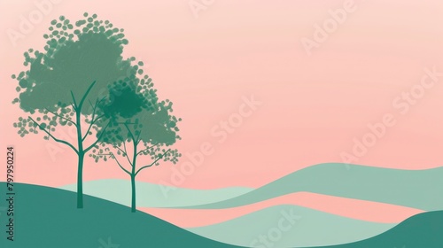 A flat vector illustration of two trees on the left side  with a pink sky and green hills in the background  creating an atmosphere of tranquility and serenity