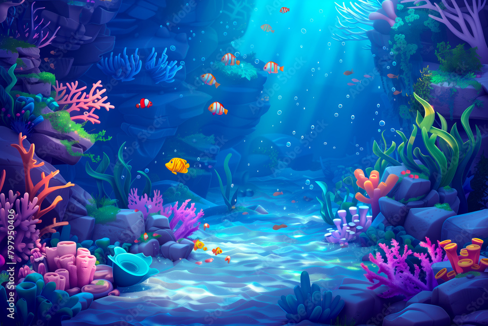 Colorful cartoon illustration of an underwater scene with colorful fish, sea plants and corals. Colorful cartoon illustration of an underwater scene with colorful fish, sea plants and corals.