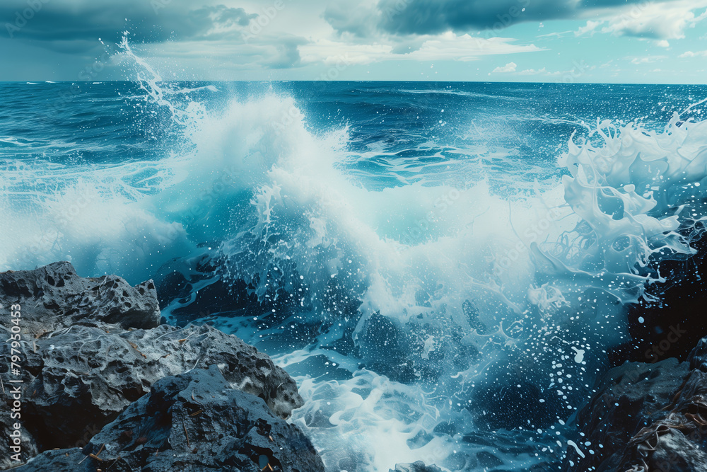 Obraz premium A powerful ocean wave crashing against the rocks.