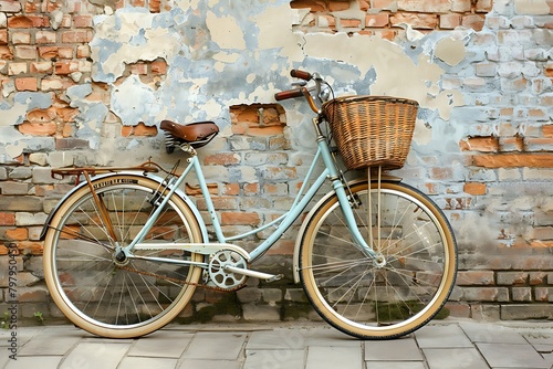 Restored vintage bicycle with a wicker basket leaning nonchalantly against a weathered brick wall. photo