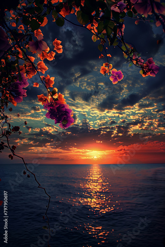 Flowers at sunset over sea with moon and dark sky. © Jacek
