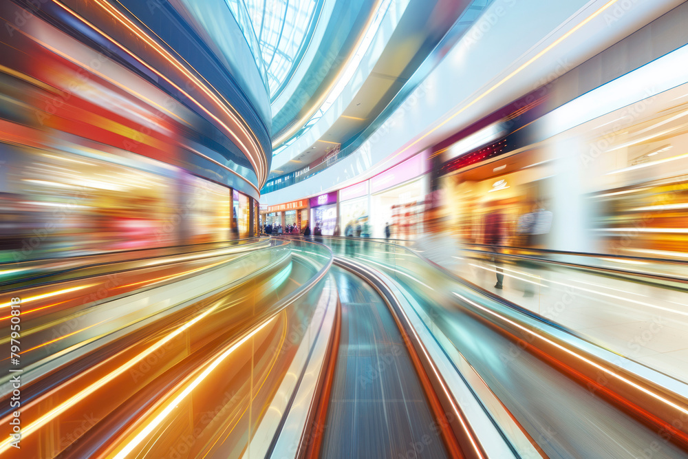 A motion blur of a shopping centre or mall.