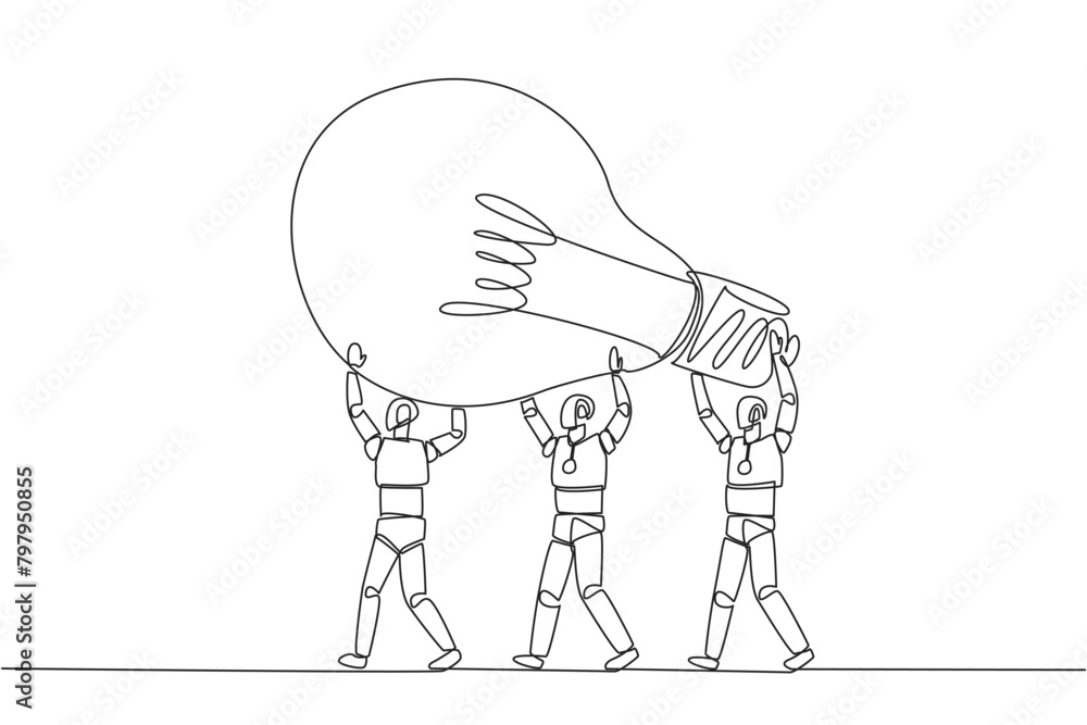 Single one line drawing a group of robots work together to carrying a lightbulb. Amazing artificial intelligence. Bring brilliant ideas. Technology concept. Continuous line design graphic illustration Single one line drawing a group of robots work together to carrying a lightbulb. Amazing artificial intelligence. Bring brilliant ideas. Technology concept. Continuous line design graphic illustration