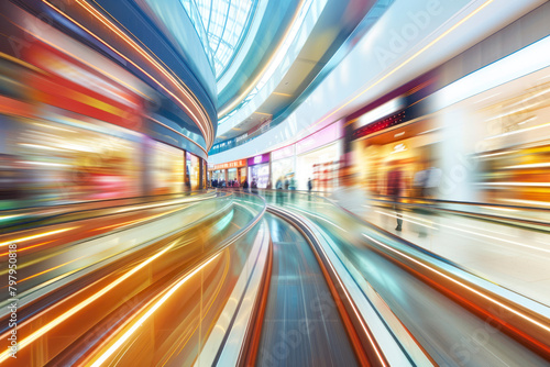 A motion blur of a shopping centre or mall.