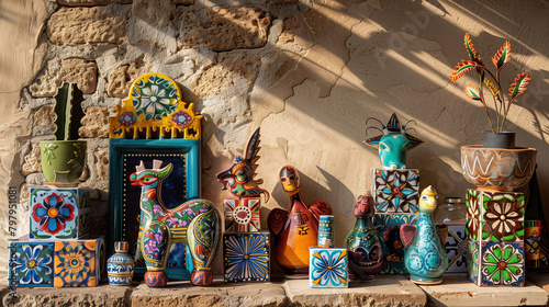 A creative arrangement of Mexican folk art, including hand-painted Talavera tiles and vibrant alebrijes (colorful carved animal figures), set against a rustic adobe wall. , natural