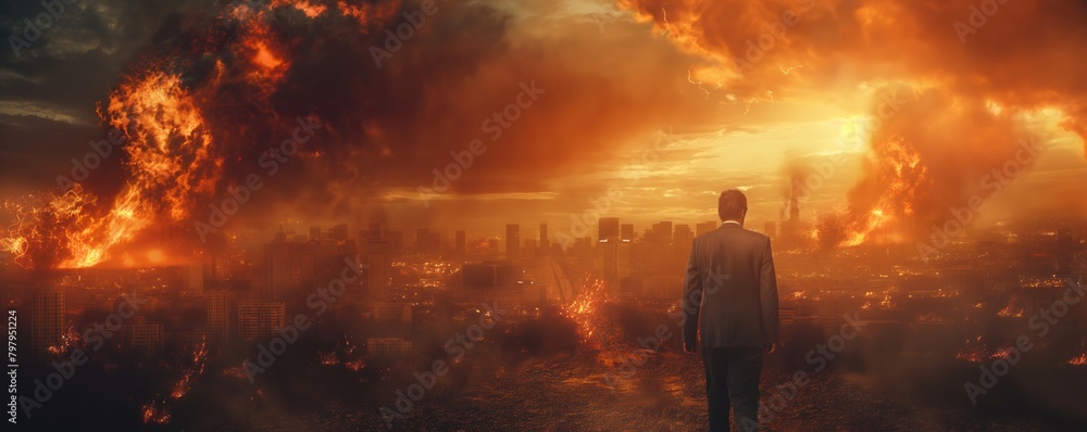 Man staring at a catastrophic fiery cityscape