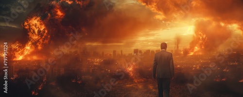 Man staring at a catastrophic fiery cityscape