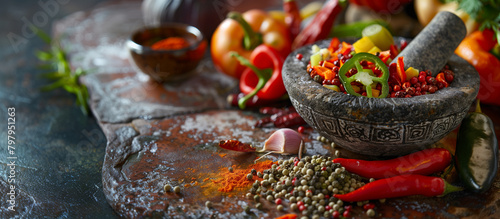 A vibrant display of various chiles and Mexican spices arranged in a traditional molcajete (mortar and pestle), highlighting the fiery flavors of Mexico. , natural light, soft shad photo